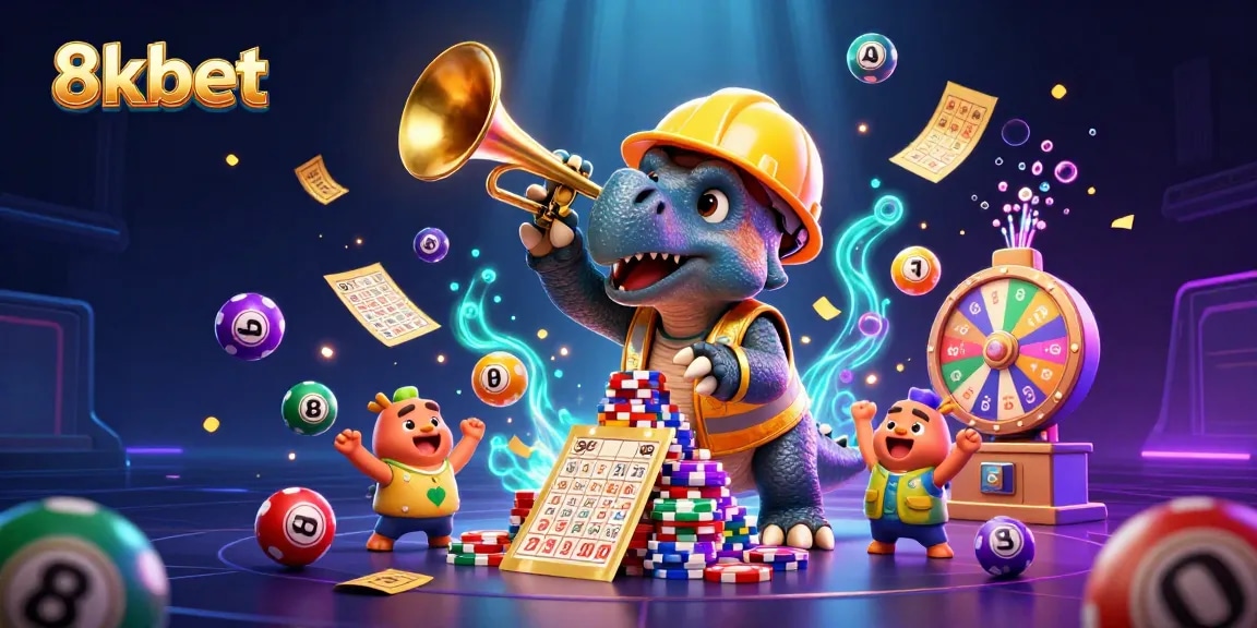 Experience the excitement of 8xbet with vibrant lottery balls, a jubilation scene featuring cheerful characters.