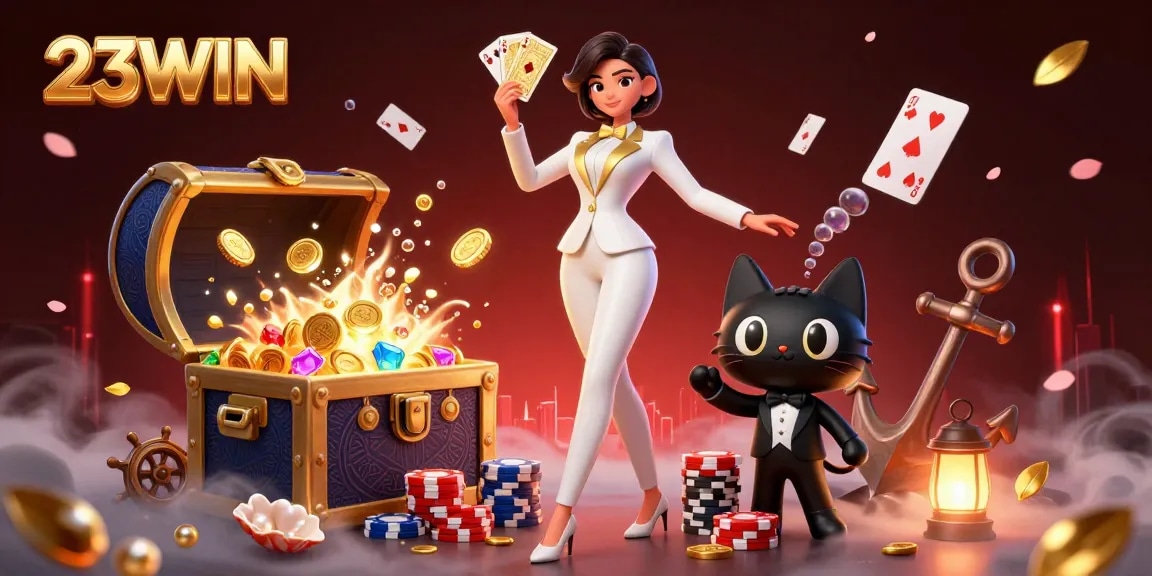 Experience excitement with 23WIN as a glamorous dealer shows poker skill at a vibrant casino.