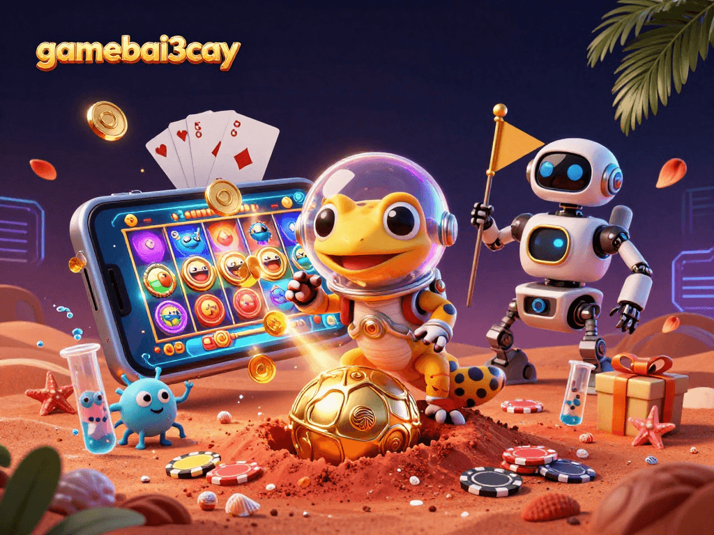 Engage in exciting gaming adventures with gamebai3cay, featuring a Martian gecko and casino treasures.
