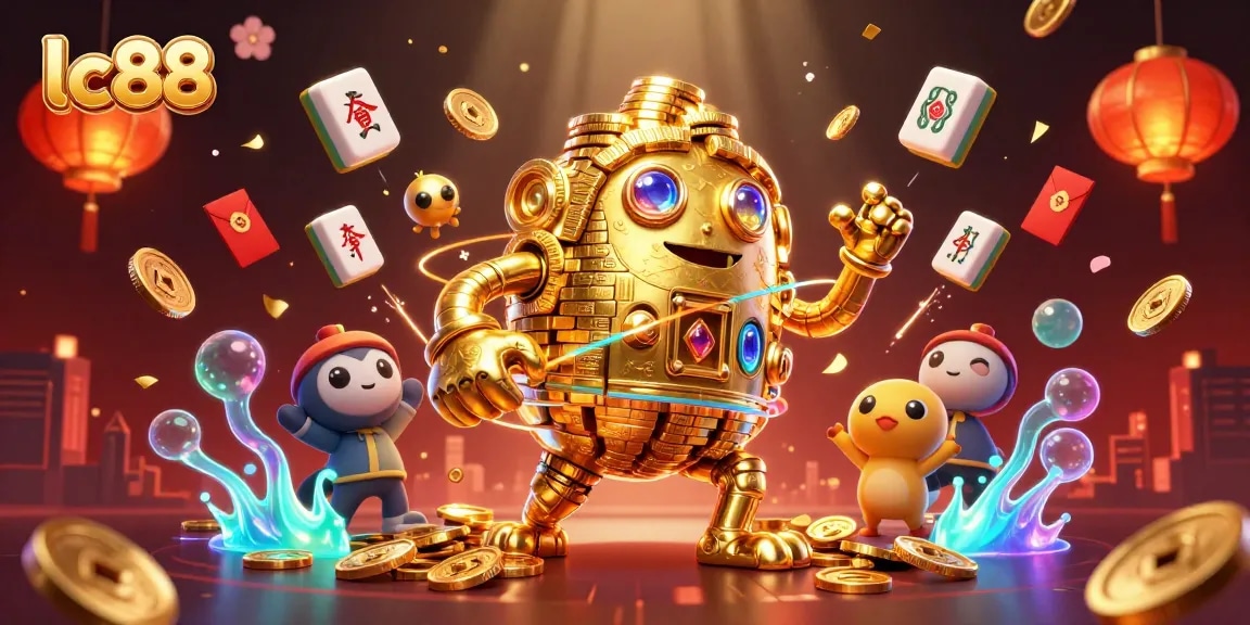 Experience the thrilling games at lc88 with an enchanting golden golem and vibrant casino elements.