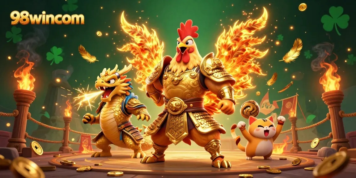 Engage with 98wincom's thrilling online gaming experience featuring a powerful fighting rooster and dragon in action.