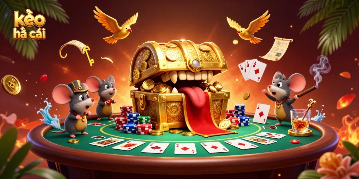 Engage in exciting kèo nhà cái analysis with our dynamic illustration capturing poker games and betting elements.