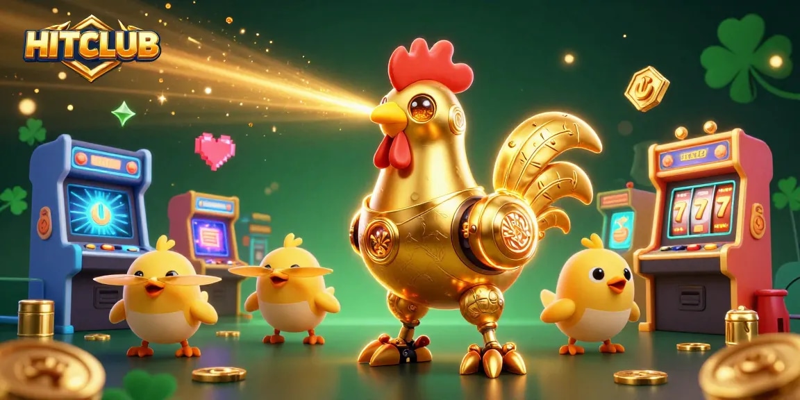 HITCLUB showcases exciting games with dynamic golden rooster characters amidst glowing casino elements.