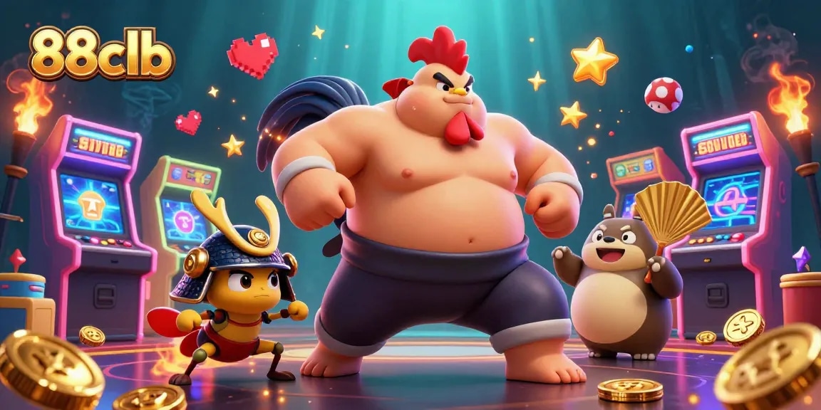 88clb engaging in thrilling gaming action with a dynamic cartoon scene of a powerful sumo rooster, fierce samurai cricket, and a golden fan-waving tanuki.