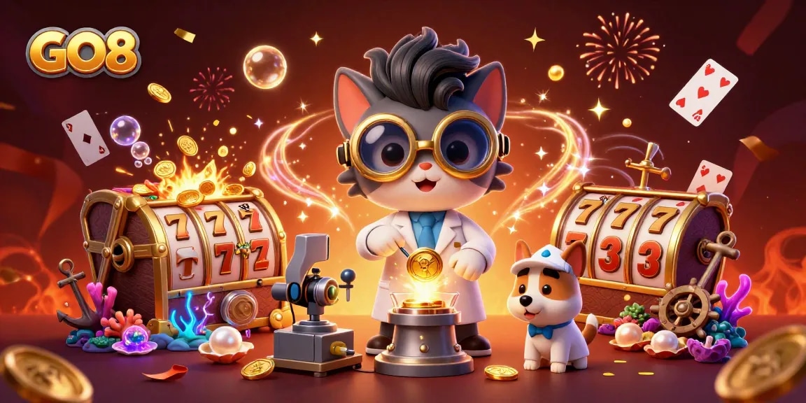 Spin and win with GO8 in a vibrant casino scene filled with gold coins, jackpots, and lively characters.