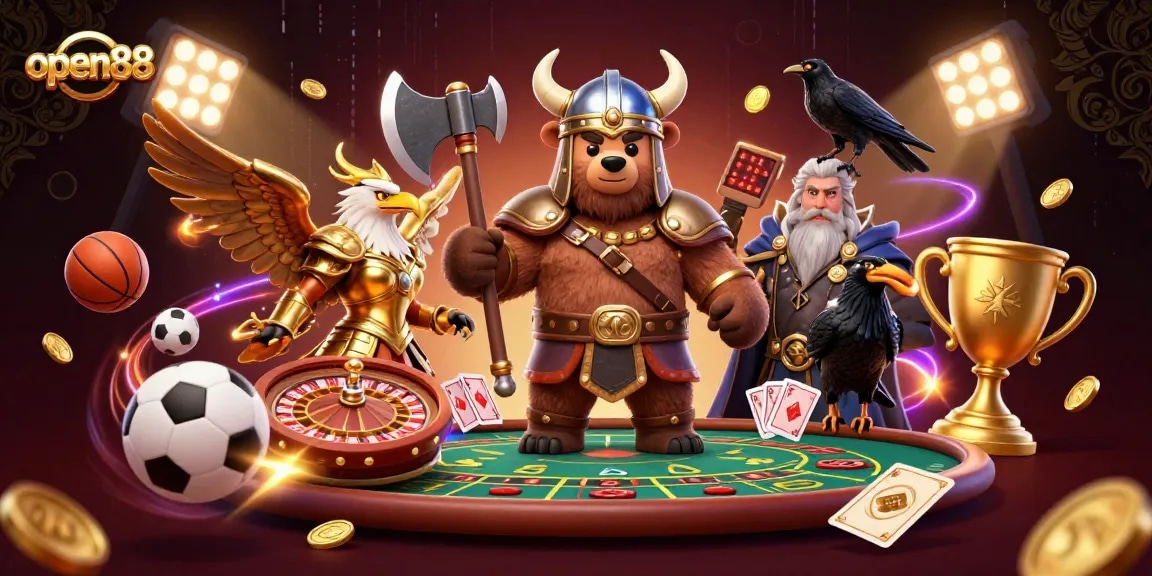 Engage in thrilling games with open88, featuring a Viking bear and Valkyrie in a lavish casino setting.