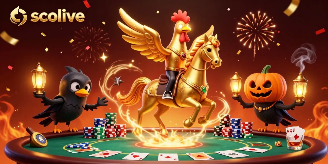 Socolive showcases a vibrant casino scene with a golden rooster character amidst colorful poker elements