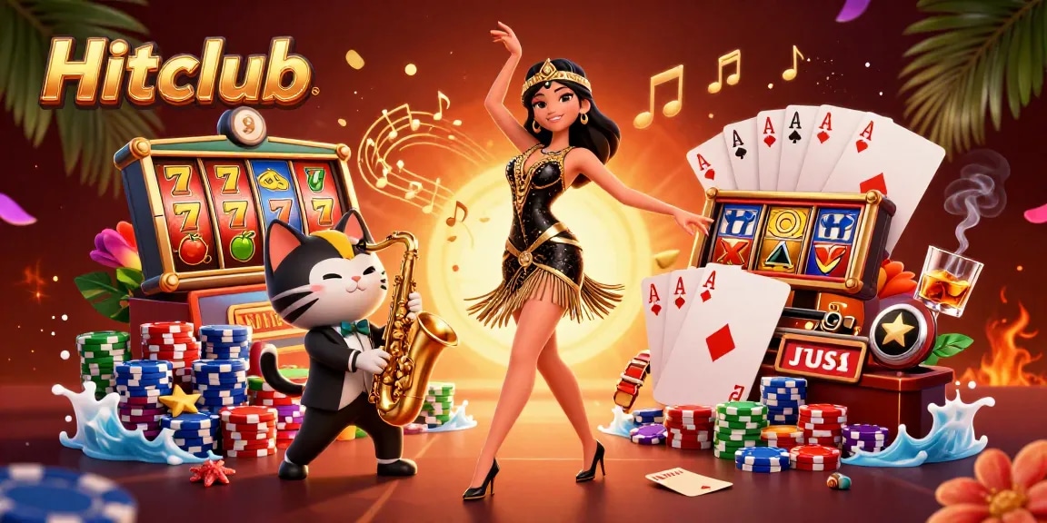 Experience thrilling gameplay with Hitclub as vibrant slots and jackpot symbols surround dynamic characters.