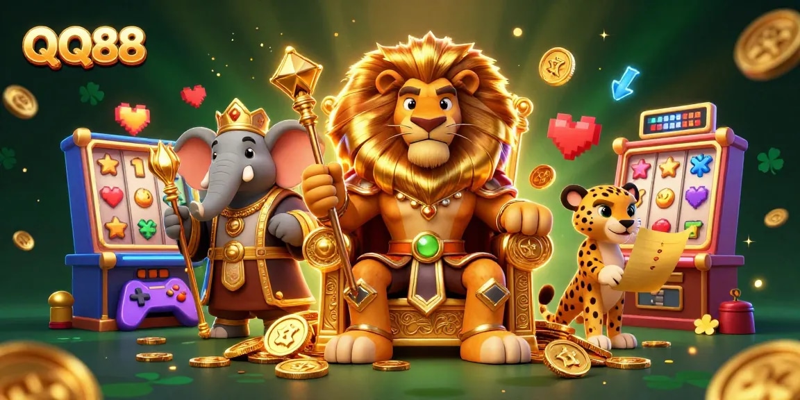 Experience the thrills of QQ88 with captivating characters in a casino-like setting, featuring lively slot machines and golden accents.
