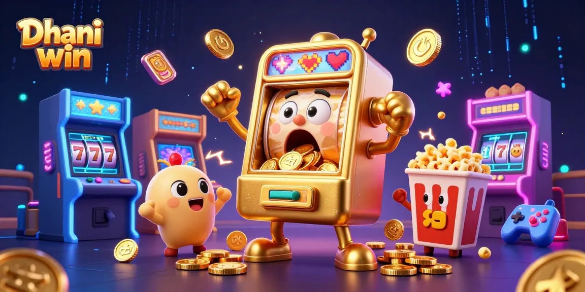 Dhani win's golden slot machine hits the jackpot while smaller machines cheer, filled with vibrant gaming elements.