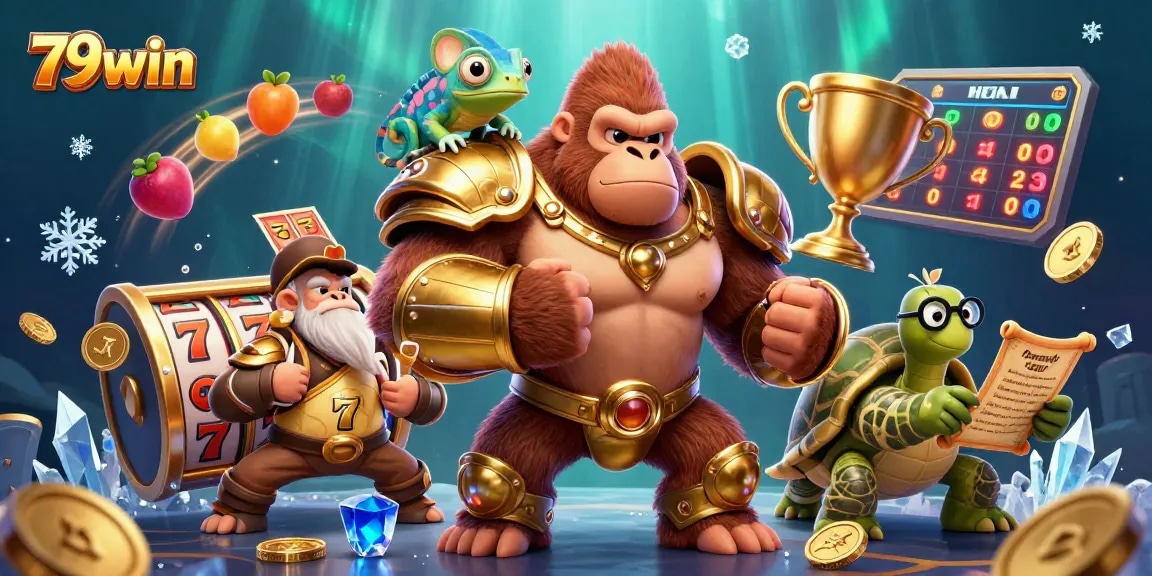 Experience the thrill of 79win with colorful slot reels and energetic casino elements in a vibrant scene.