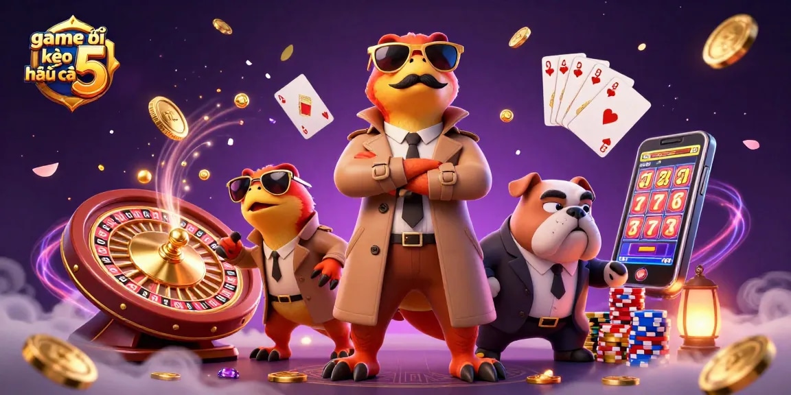 Engage with game bài kèo nhà cái 5 surrounded by dynamic casino elements and whimsical characters.