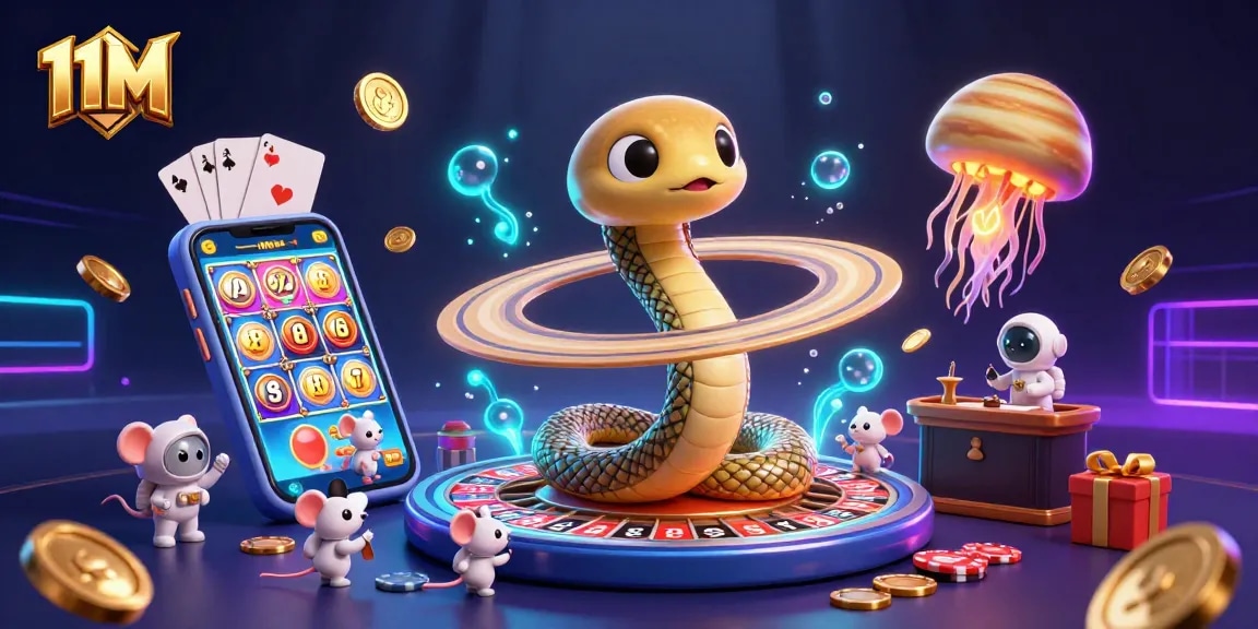 Experience engaging gameplay with 11M, featuring a coiled roulette wheel and treasure-laden cosmic scene.