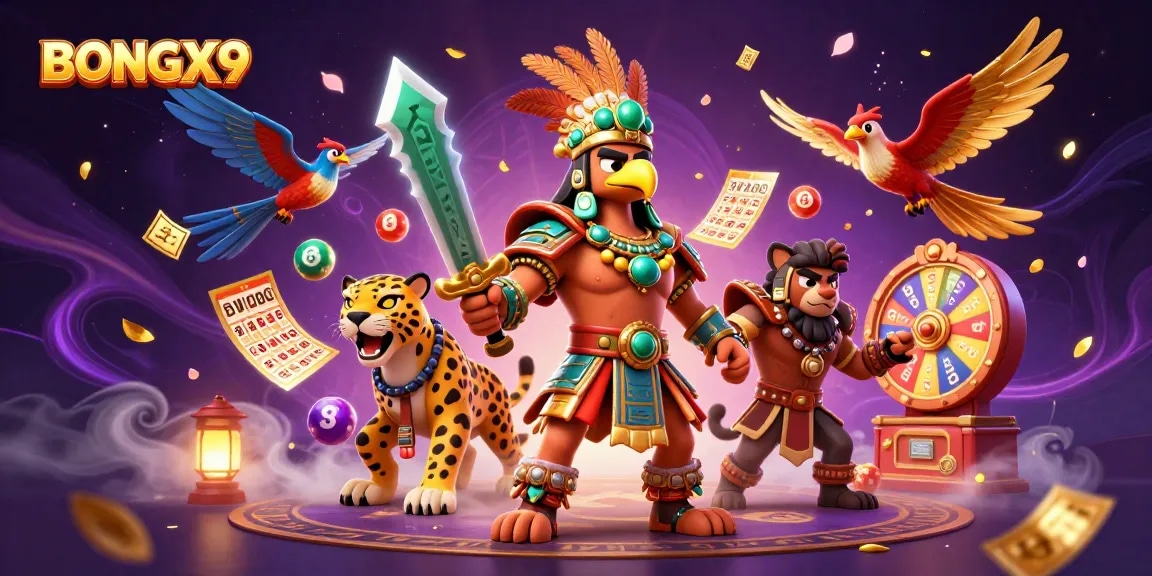 BONGX9 showcases vibrant lottery-themed action with colorful elements and 3D characters in an immersive casino scene.