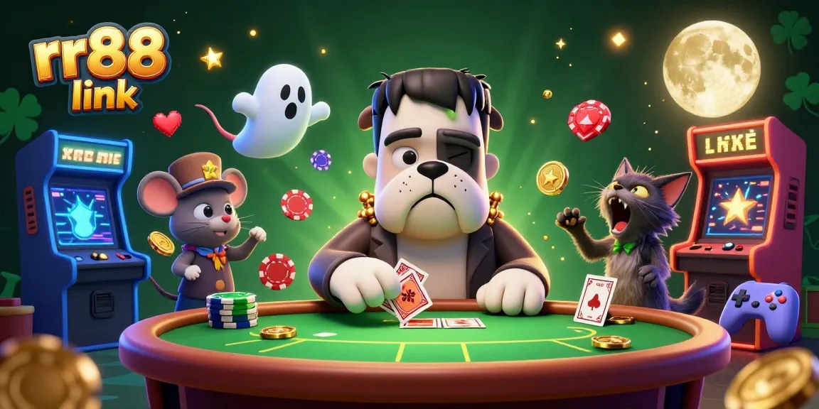 Engage with the rr88 link at a vibrant casino scene featuring a unique 3D cartoon Frankenstein bulldog dealer and mystical gaming elements.