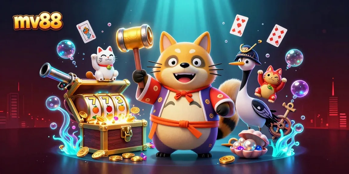 Experience the excitement at mv88 with vibrant gaming scenes, featuring cheerful characters in a dynamic casino atmosphere.