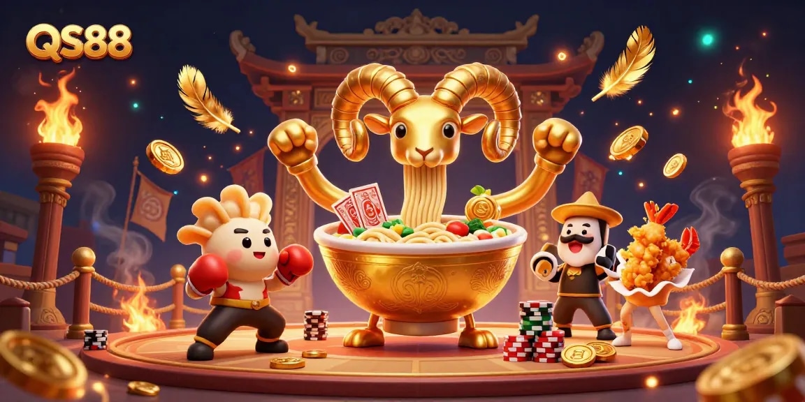 QS88 showcases a golden ramen bowl dealing cards amid a vibrant casino-themed illustration.