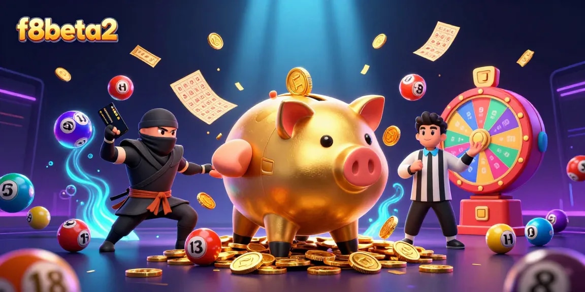 Experience thrilling gaming at f8beta2 with a golden piggy bank sumo wrestler and vibrant lottery elements!
