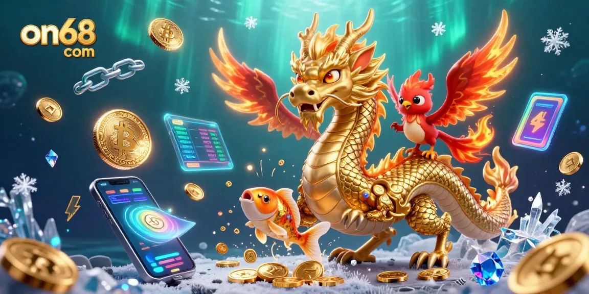 Experience the excitement at on68 com with a vibrant 3D scene full of dragons, coins, and cryptocurrency.