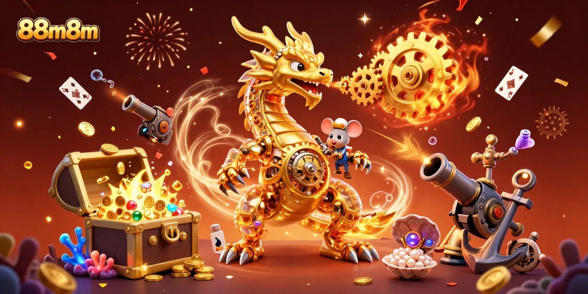 Experience the excitement of 88m8m casino with a golden dragon and vibrant gaming elements