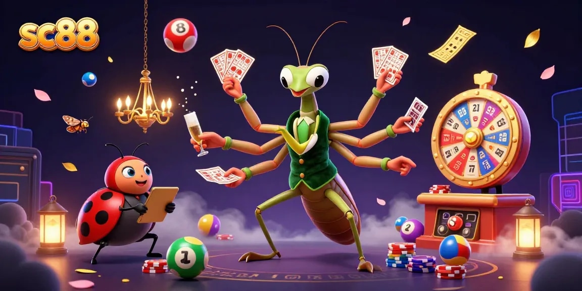 Engage with sc88's exciting games in a vibrant illustration featuring a praying mantis card sharp and ladybug pit boss.