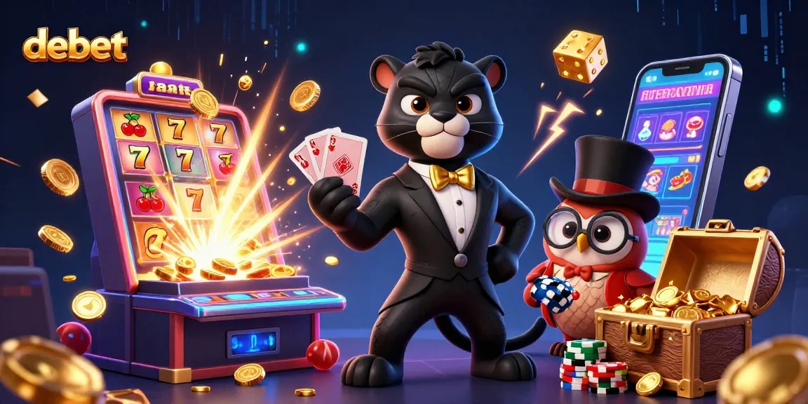 Experience the excitement of debet casino with a stylish panther dealing cards surrounded by vibrant gaming elements.