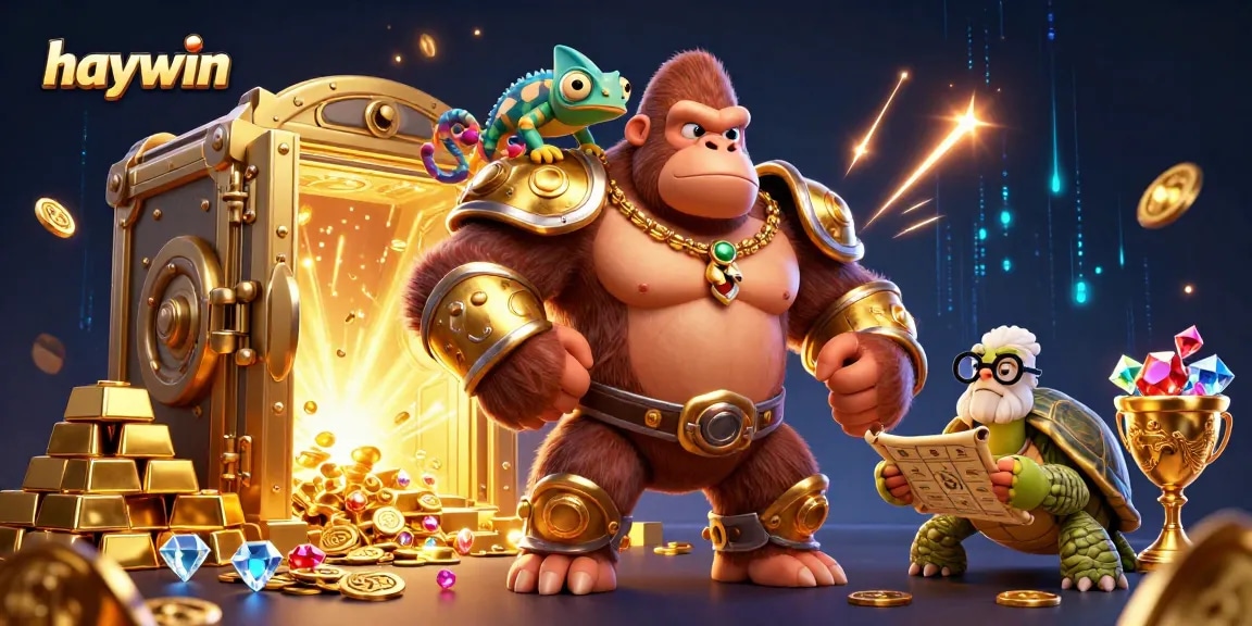 Experience thrilling gameplay at haywin with a 3D illustration of powerful casino characters surrounded by sparkling treasures.