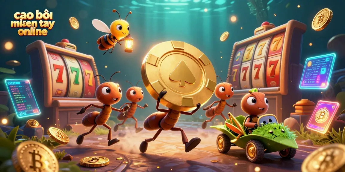Cao bồi miền tây online heist scene with ants and golden poker chip amidst vibrant casino elements