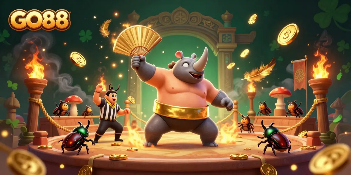 GO88’s sumo beetle champion triumphs in a dynamic gaming arena, scattering coins.