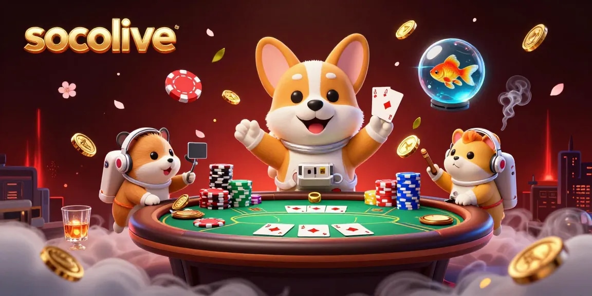 Engage with socolive as the astronaut corgi navigates a vibrant space casino filled with poker elements.