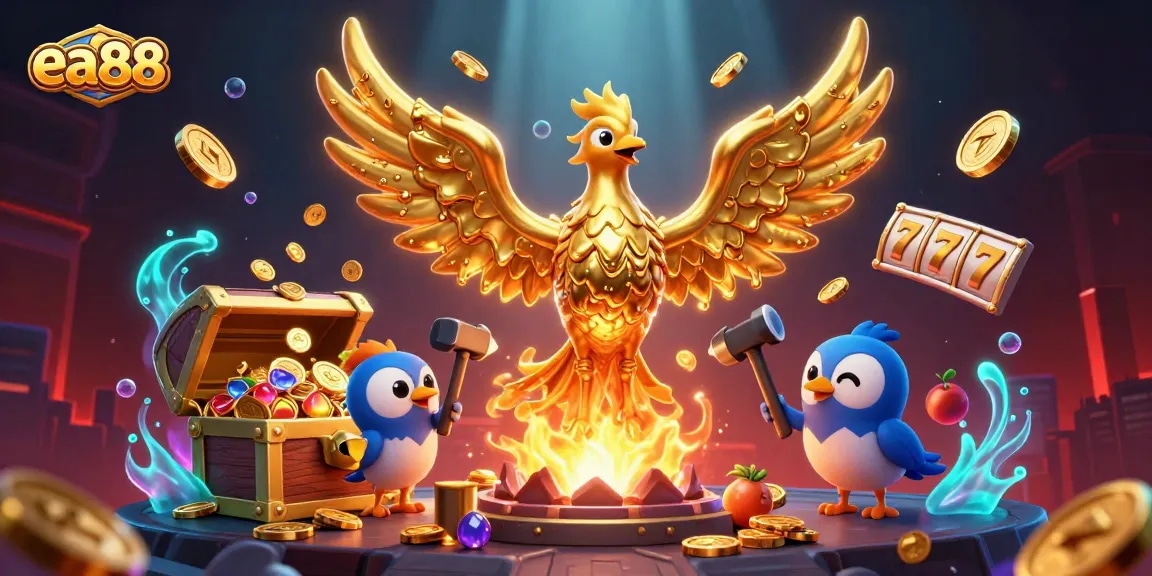 Engage with exciting ea88 slot machines featuring a molten gold phoenix and vibrant casino elements.