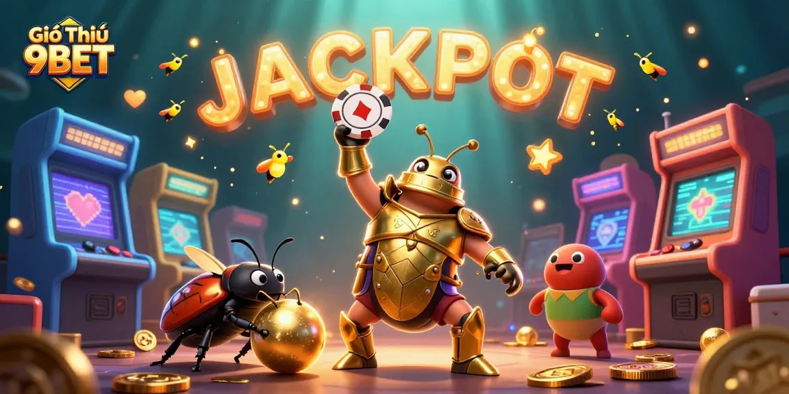 Engage in fun with Giới Thiệu 9BET as a hercules beetle celebrates a big win under vibrant casino lights.