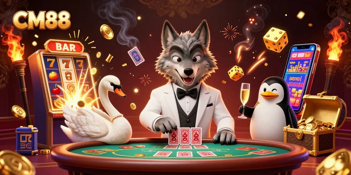 Experience the excitement of CM88 with a vibrant 3D casino scene featuring animated characters and symbols.