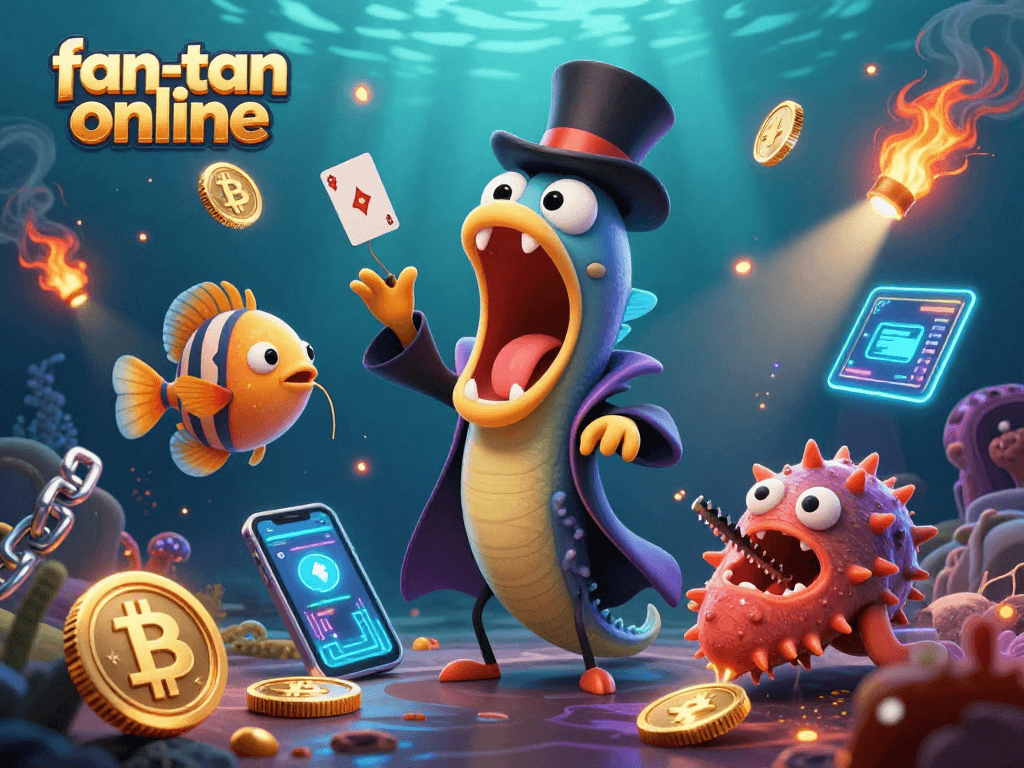 Experience the excitement of fan-tan online with a dazzling 3D illustration showcasing whimsical sea creatures and glowing crypto elements.
