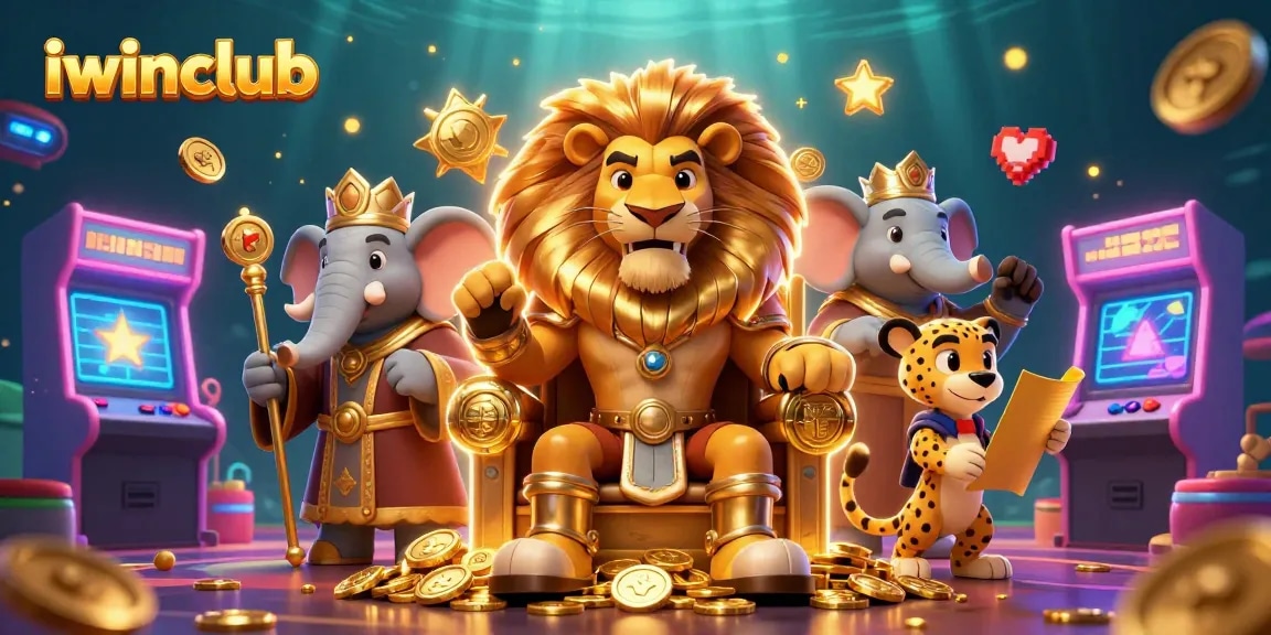 Experience the excitement of iwinclub with a vibrant 3D gaming scene featuring a lion king, elephant, and cheetah among dynamic casino elements.