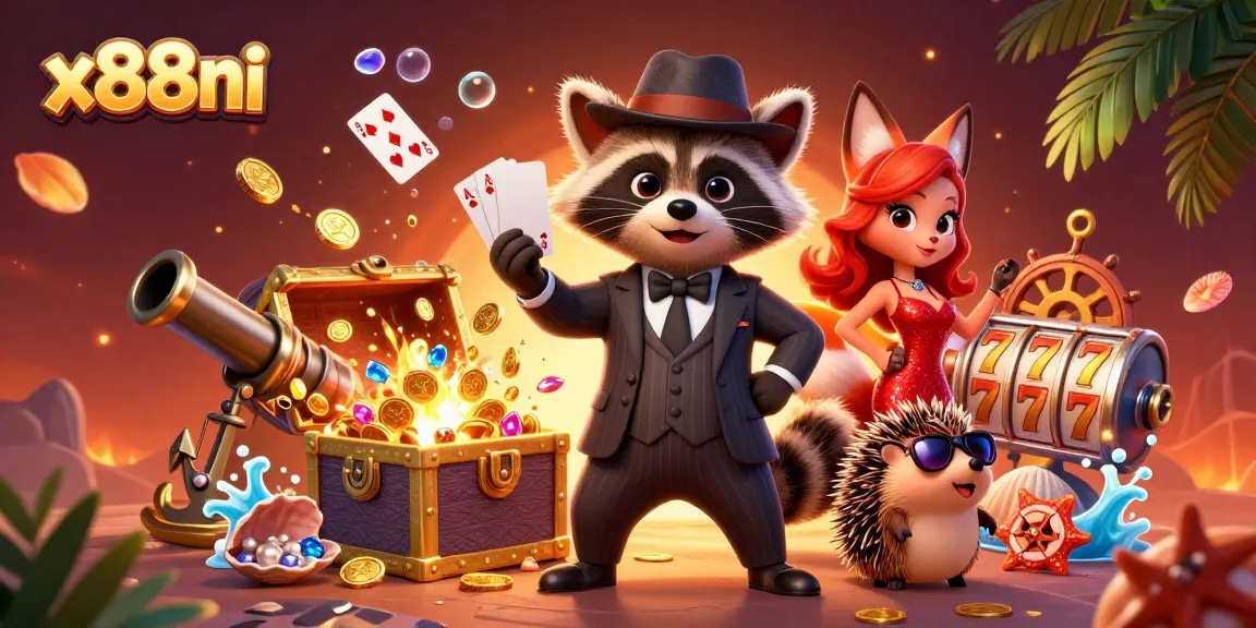 Play big with x88ni in this vibrant casino scene featuring colorful gems, characters, and dynamic game elements.