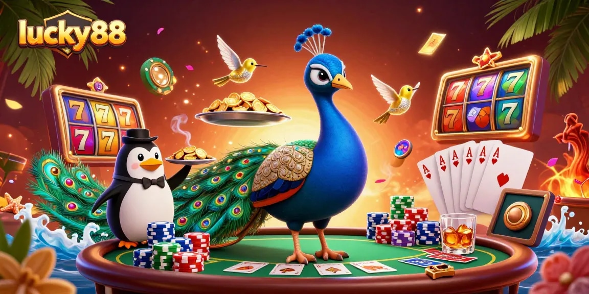 Experience the excitement of lucky88 as the aristocratic peacock showcases vibrant slot reels and prize elements.