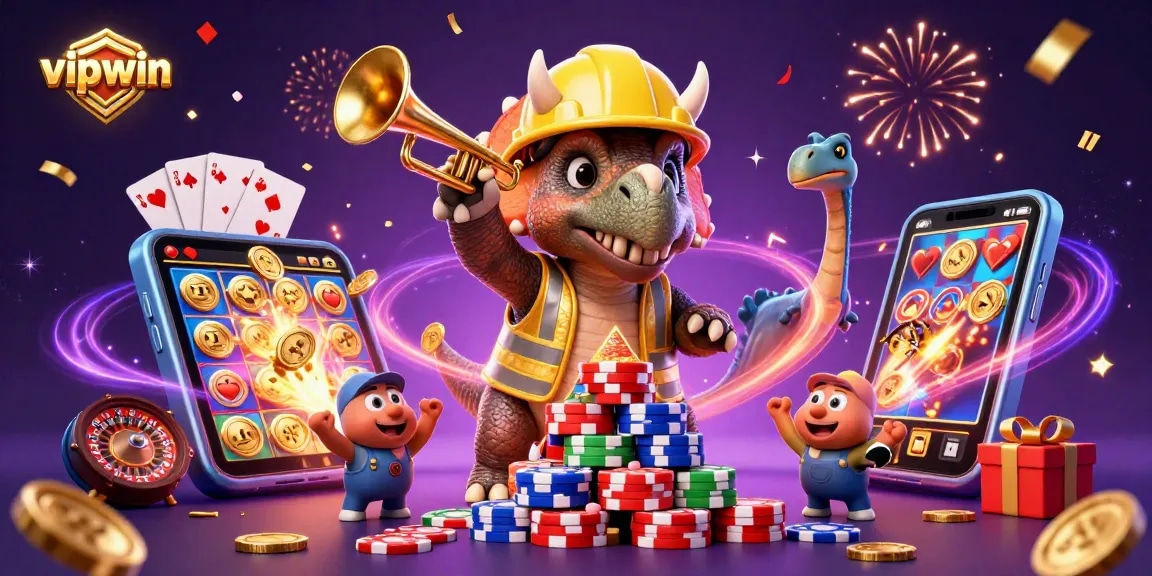 Experience the excitement at vipwin with a vibrant casino-themed celebration featuring dynamic characters and captivating game elements.