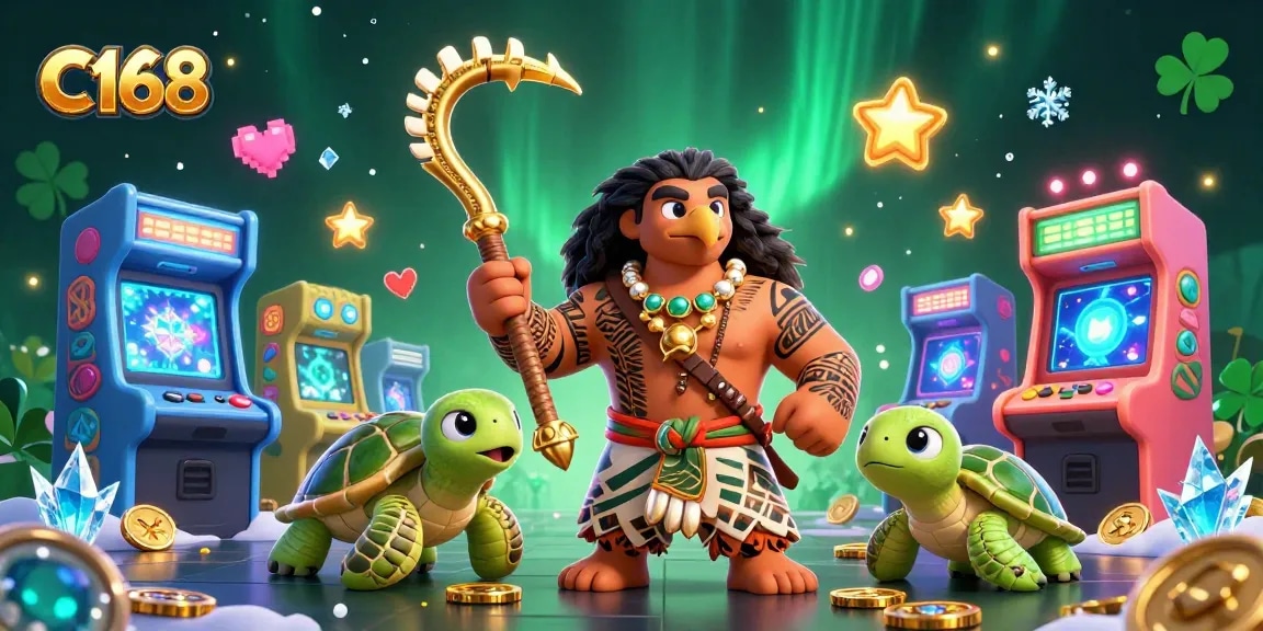 C168 engages players in a vibrant casino world with a demigod, enchanting turtle, and arcade elements.