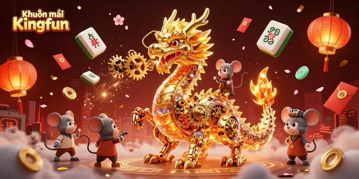 Engage with Khuyến mãi Kingfun in this dynamic casino-themed illustration featuring a golden dragon and animated game elements.