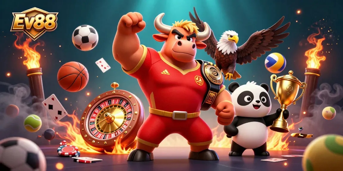 Ev88 offers immersive casino action with bulls, eagles, and trophies celebrating betting wins.