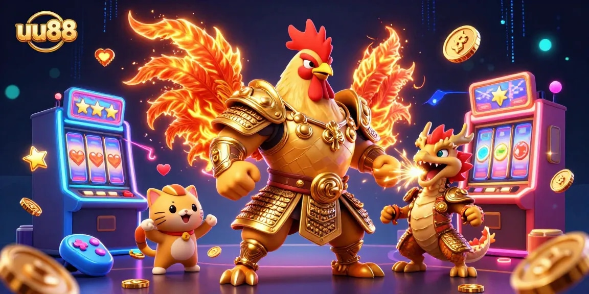 Join the excitement at uu88 with a powerful rooster warrior and dragon in a vibrant casino scene.