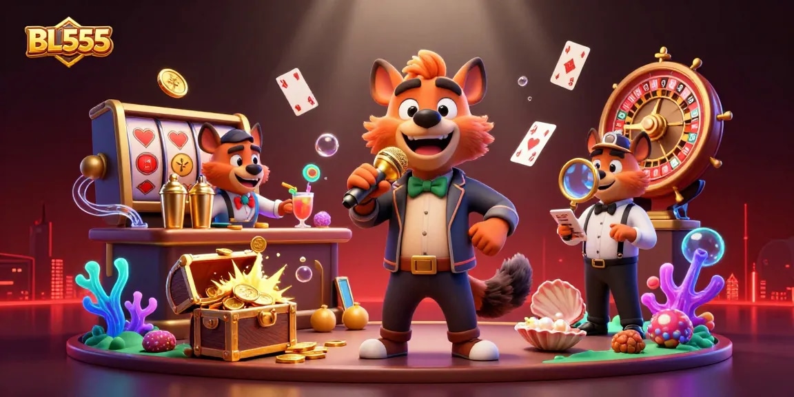 Engage with the vibrant BL555 comedy casino scene featuring hyenas, golden slots, and lively interactions.