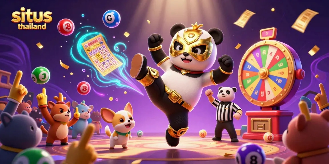 Experience thrilling gameplay at situs thailand with a vibrant scene of a panda wrestler kicking amidst lottery elements.
