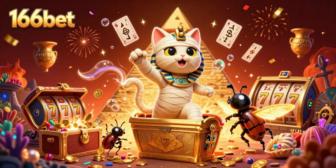 Play exciting games at 166bet with a dynamic casino scene featuring a mummy cat and treasures.