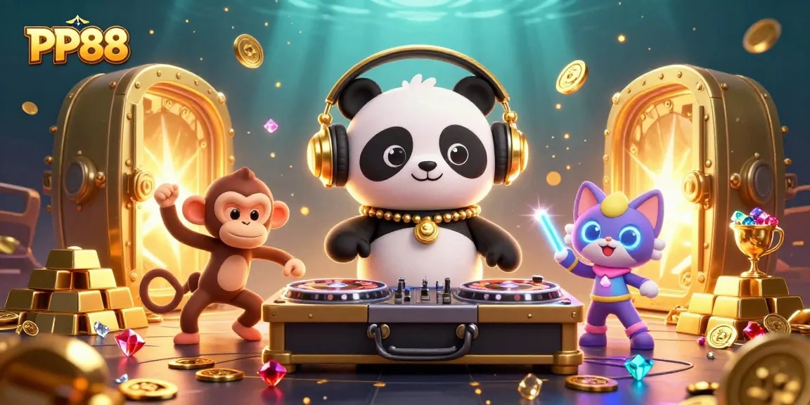 Join the excitement at PP88 with lively characters and dazzling casino elements in a vibrant scene.