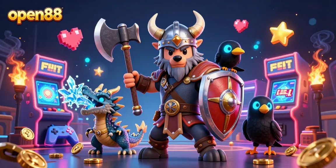 Engaging scene of open88 with a Viking warrior, dragon, and arcade games in a lively casino atmosphere.
