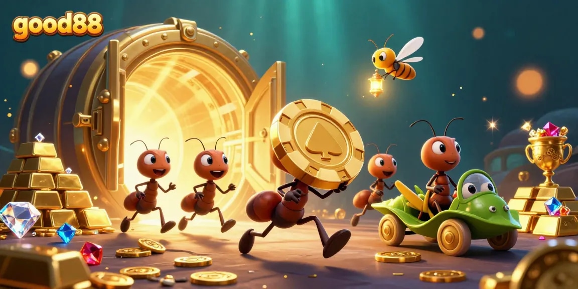 Good88's dynamic heist scene filled with golden prizes and playful characters in a lively casino setting.