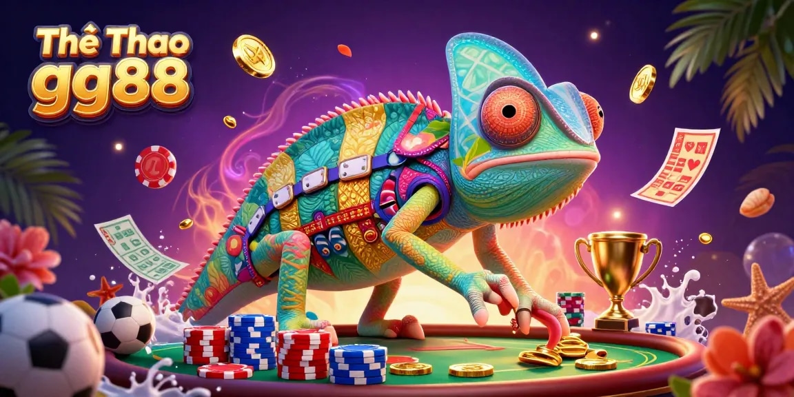 Thể Thao gg88 showcases dynamic sports betting with a colorful chameleon casino owner amid vibrant game elements.