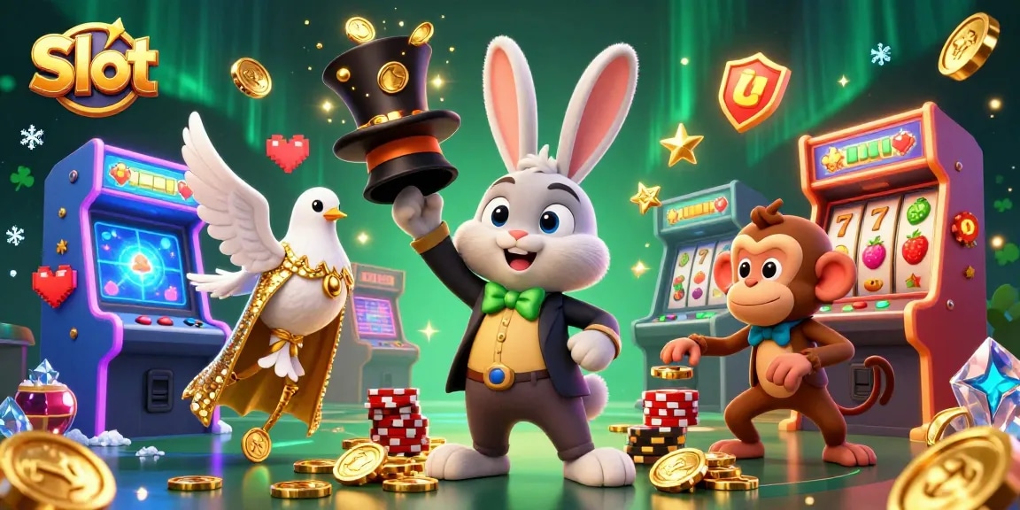 Spin the vivid slot scene featuring a magician rabbit, dove, and monkey gathering coins and chips.